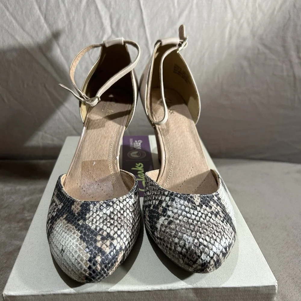Clarks Women's Purity Hyline Natural Python Snake Cork Wedge Sandals Size 8.5